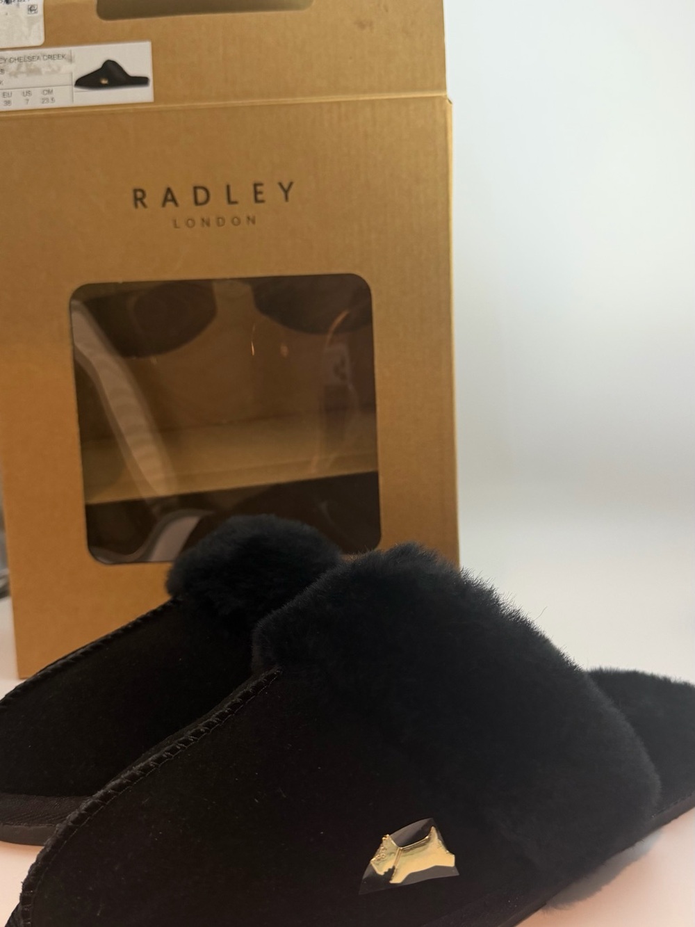 RADLEY LONDON Black Kids Faux-Fur Slip-On Slippers with Gold Dog Emblem